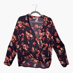 West K Purple Floral Faux Wrap Blouse Workwear Office Long Sleeve Top Medium